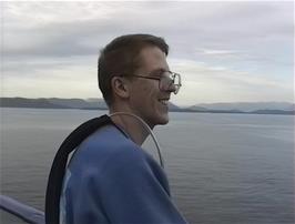 Julian on deck for the long approach to Bergen